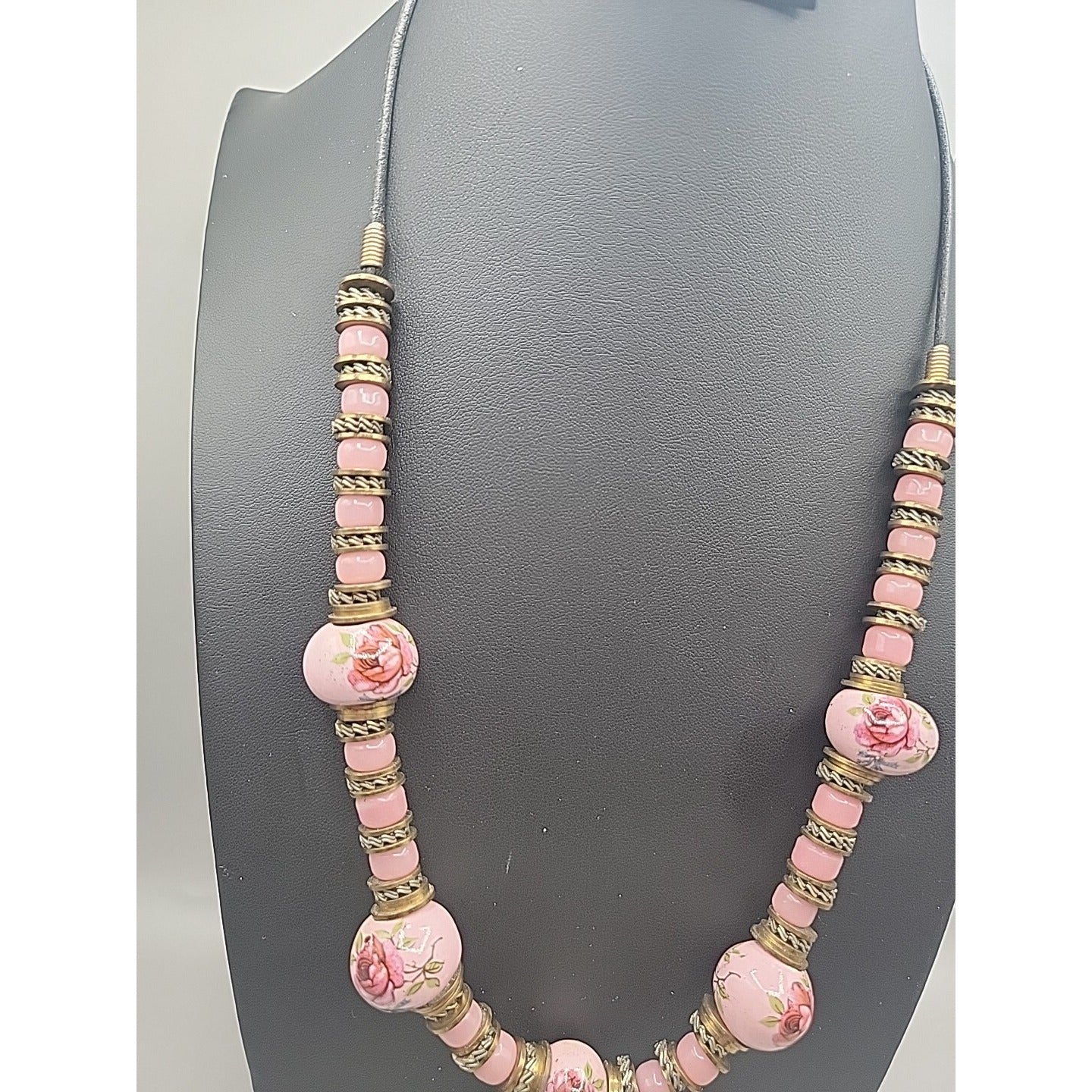 Glass Handpainted Floral Beaded Necklace Gold & Silver Tone Spacers 25" Leather