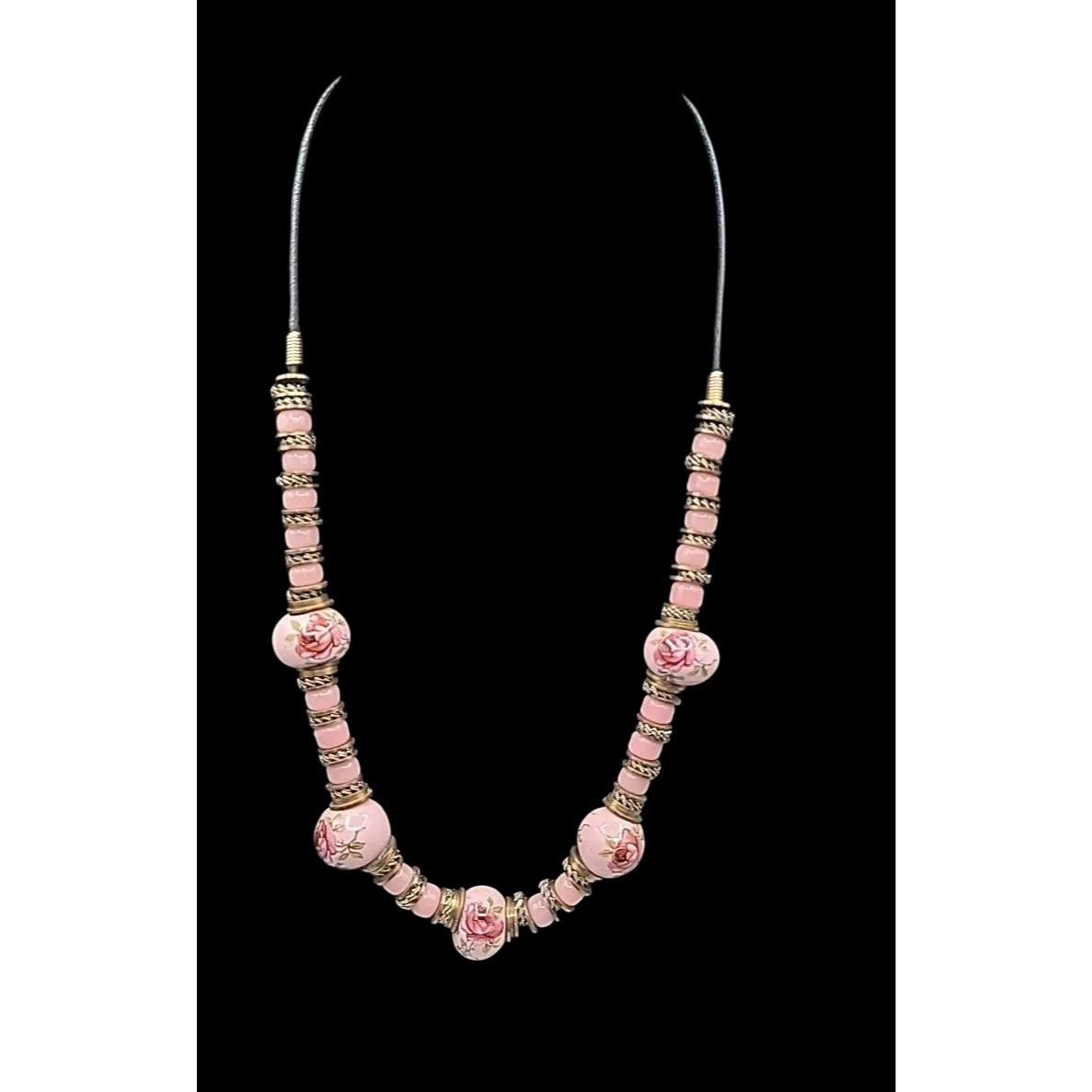 Glass Handpainted Floral Beaded Necklace Gold & Silver Tone Spacers 25" Leather