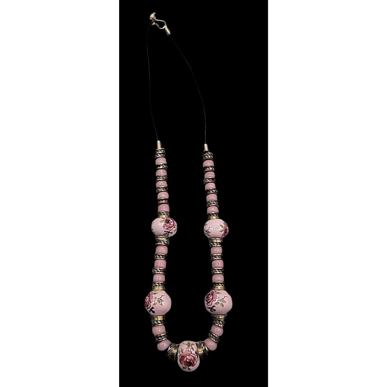 Glass Handpainted Floral Beaded Necklace Gold & Silver Tone Spacers 25" Leather