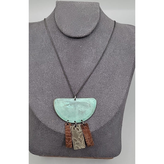 Sterling Silver Painted & Embossed Copper Pendant Necklace 18" 925 Chain