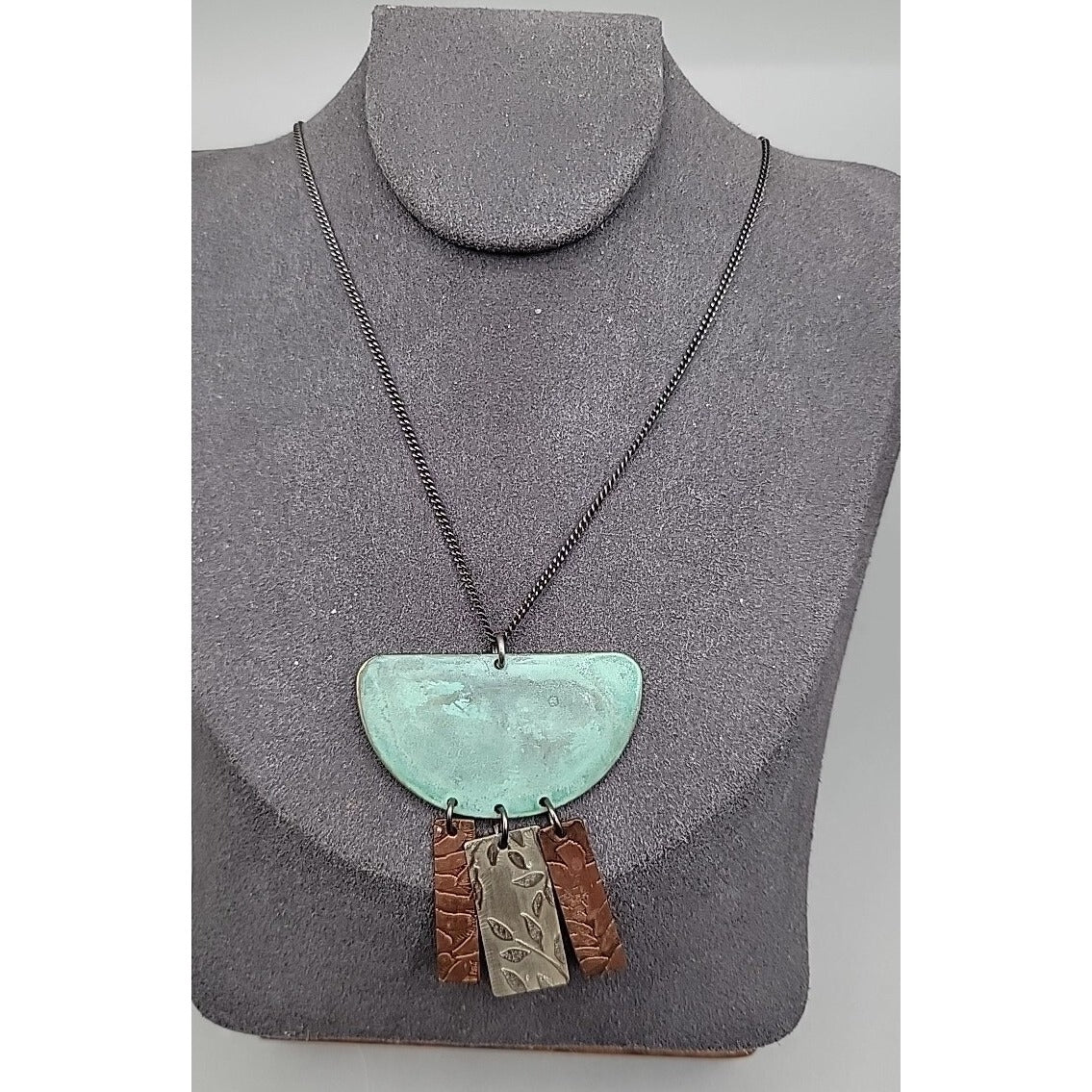 Sterling Silver Painted & Embossed Copper Pendant Necklace 18" 925 Chain