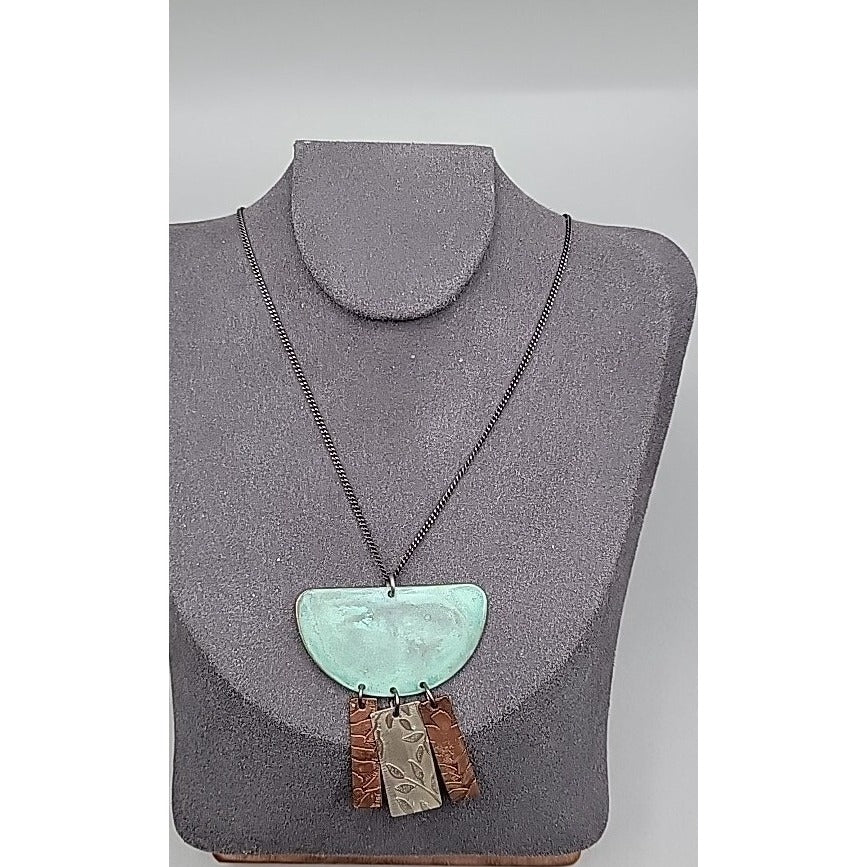 Sterling Silver Painted & Embossed Copper Pendant Necklace 18" 925 Chain