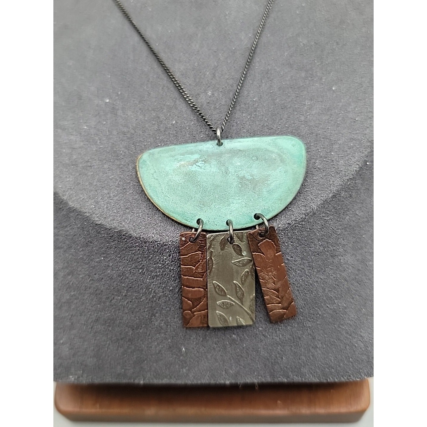 Sterling Silver Painted & Embossed Copper Pendant Necklace 18" 925 Chain