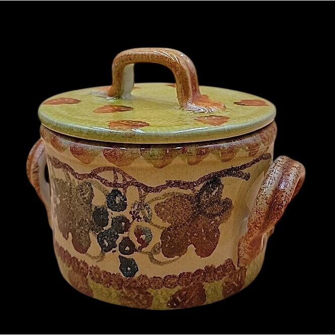 Vintage Italian Hand Made & Painted Lidded Sugar Jar Grapes & Leaves Scene 5"