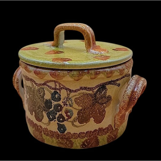 Vintage Italian Hand Made & Painted Lidded Sugar Jar Grapes & Leaves Scene 5"