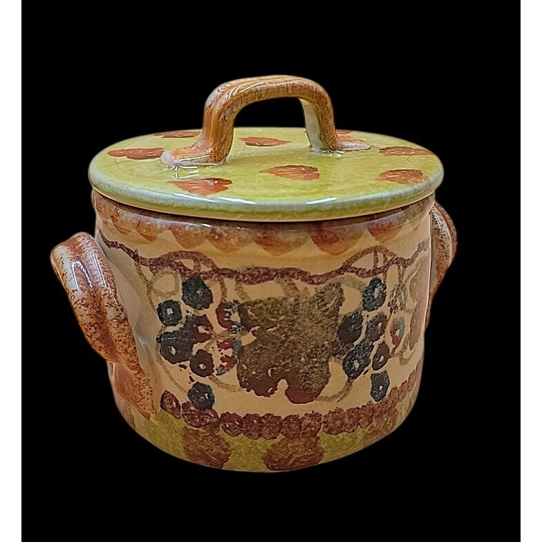 Vintage Italian Hand Made & Painted Lidded Sugar Jar Grapes & Leaves Scene 5"