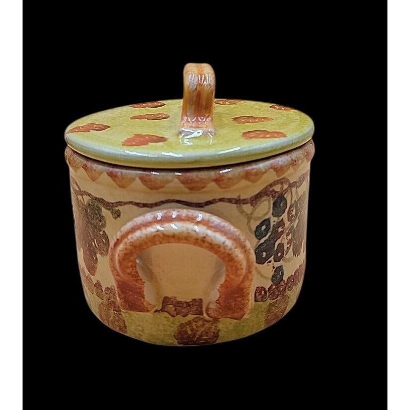Vintage Italian Hand Made & Painted Lidded Sugar Jar Grapes & Leaves Scene 5"