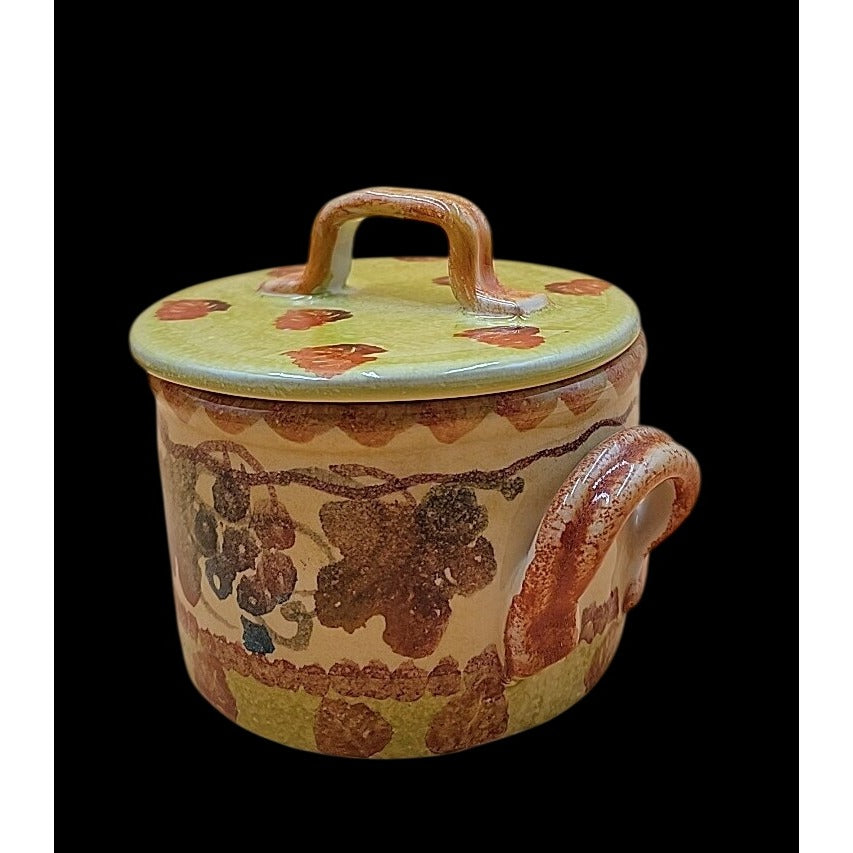 Vintage Italian Hand Made & Painted Lidded Sugar Jar Grapes & Leaves Scene 5"