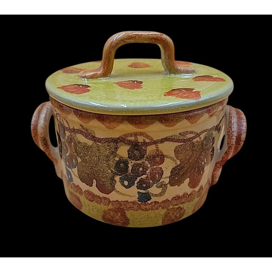 Vintage Italian Hand Made & Painted Lidded Sugar Jar Grapes & Leaves Scene 5"