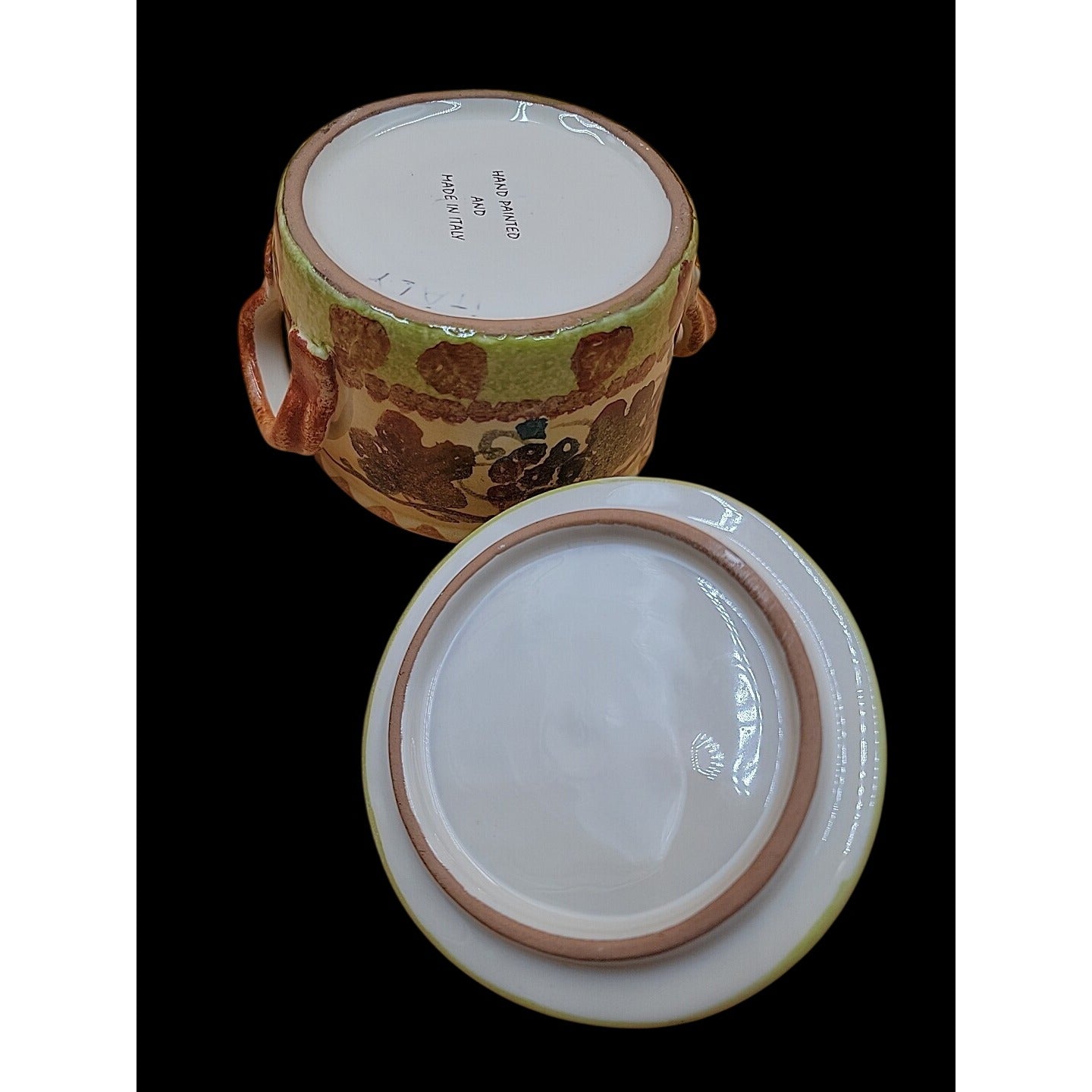 Vintage Italian Hand Made & Painted Lidded Sugar Jar Grapes & Leaves Scene 5"