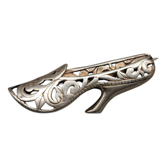 Jezlaine Sterling Silver Vintage High Heel Brooch Open 925 Metal Work 1940s