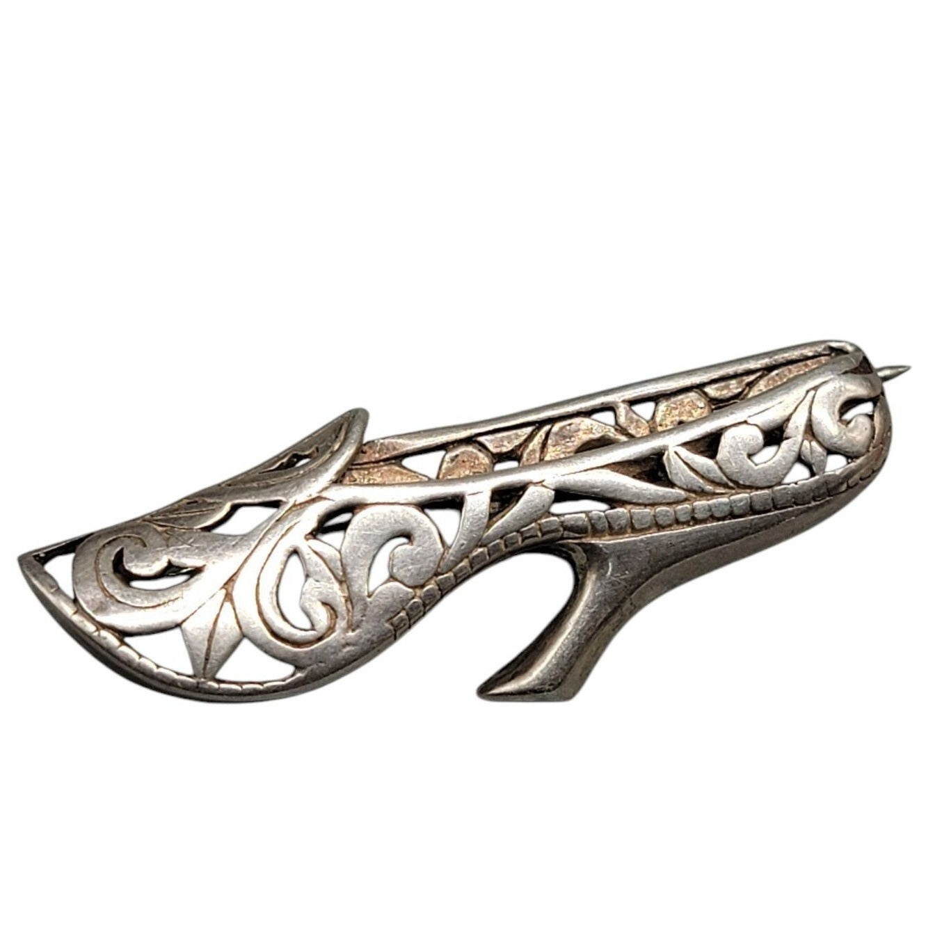 Jezlaine Sterling Silver Vintage High Heel Brooch Open 925 Metal Work 1940s