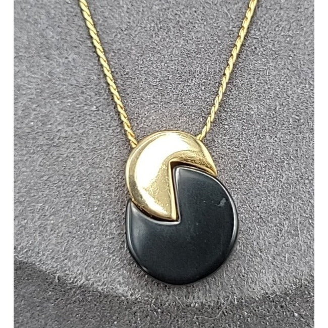 Vintage Crown Trifari Pacman Pendant Necklace Gold-tone & Black Acrylic 18" Rare