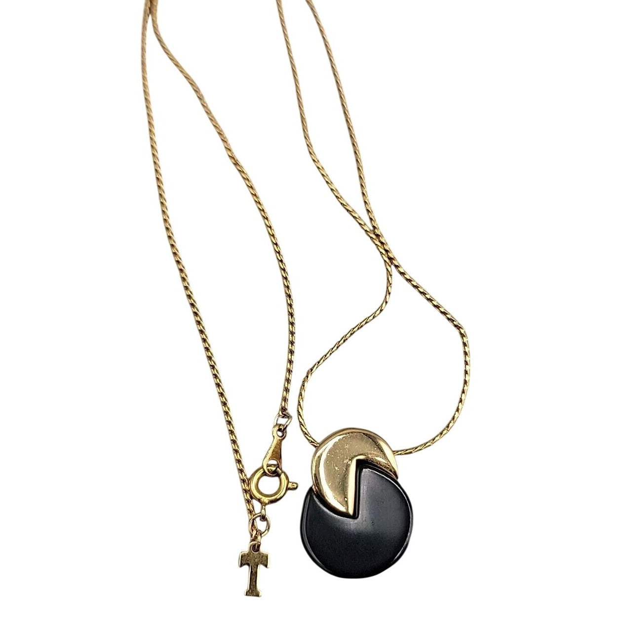 Vintage Crown Trifari Pacman Pendant Necklace Gold-tone & Black Acrylic 18" Rare