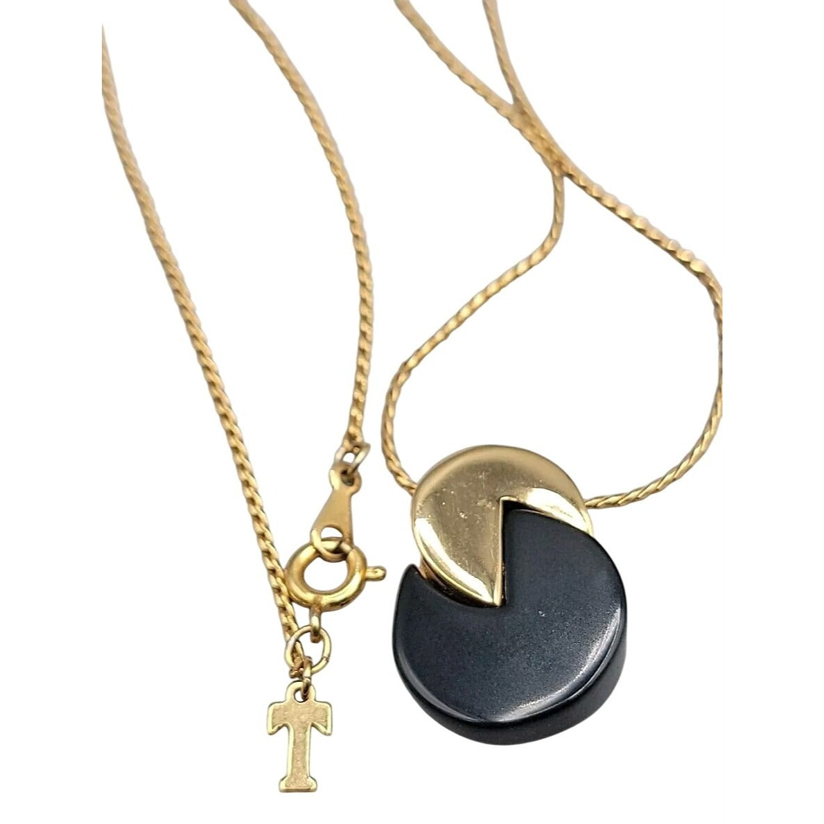 Vintage Crown Trifari Pacman Pendant Necklace Gold-tone & Black Acrylic 18" Rare