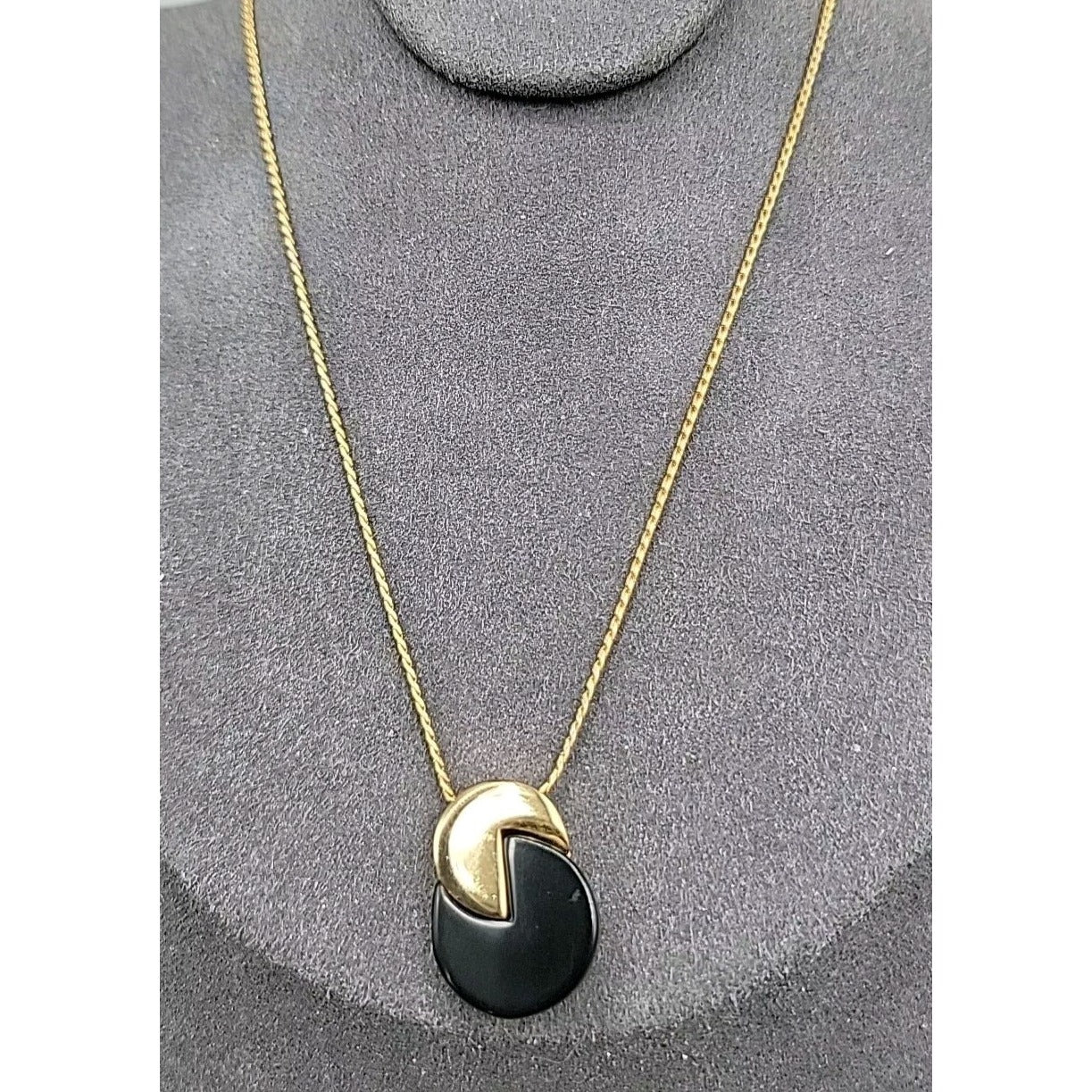 Vintage Crown Trifari Pacman Pendant Necklace Gold-tone & Black Acrylic 18" Rare