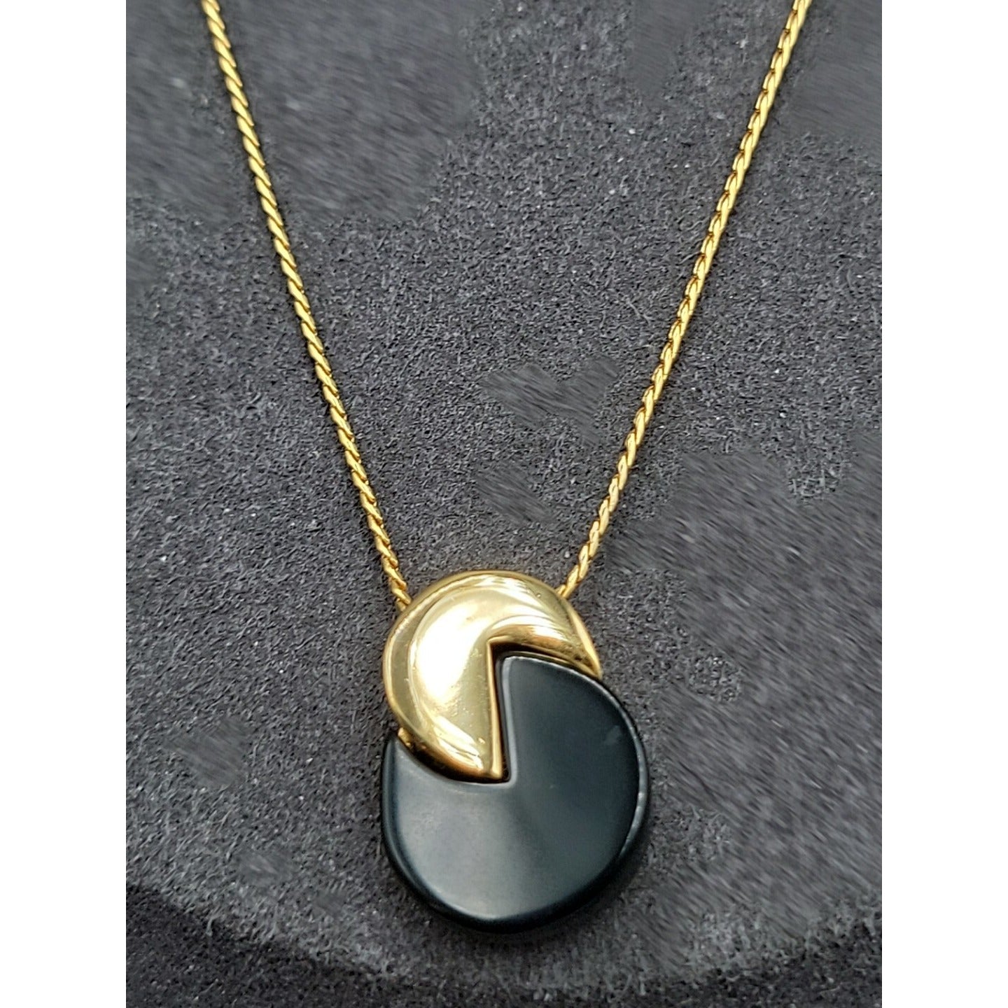 Vintage Crown Trifari Pacman Pendant Necklace Gold-tone & Black Acrylic 18" Rare
