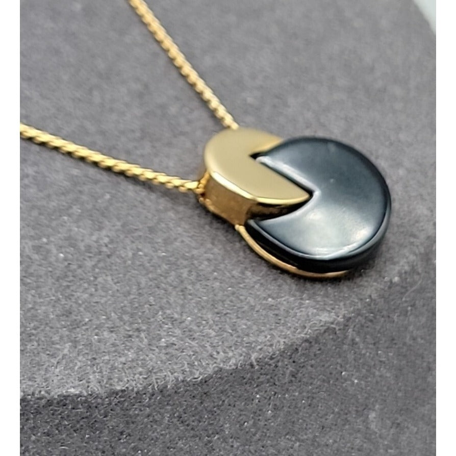 Vintage Crown Trifari Pacman Pendant Necklace Gold-tone & Black Acrylic 18" Rare