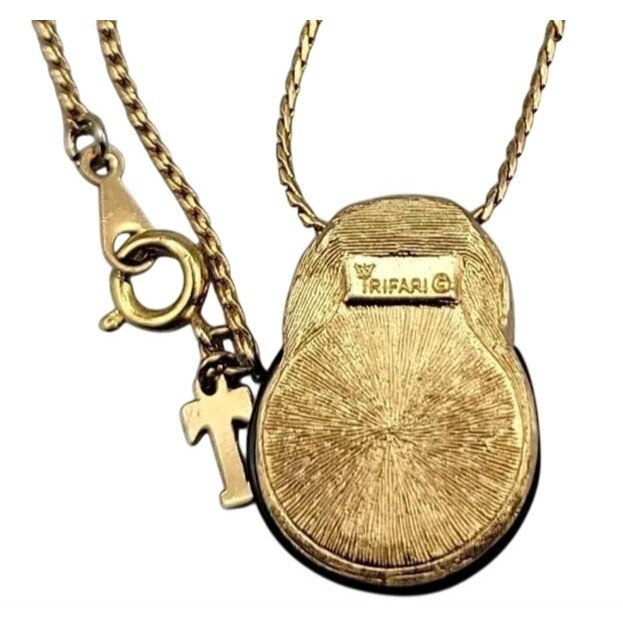 Vintage Crown Trifari Pacman Pendant Necklace Gold-tone & Black Acrylic 18" Rare