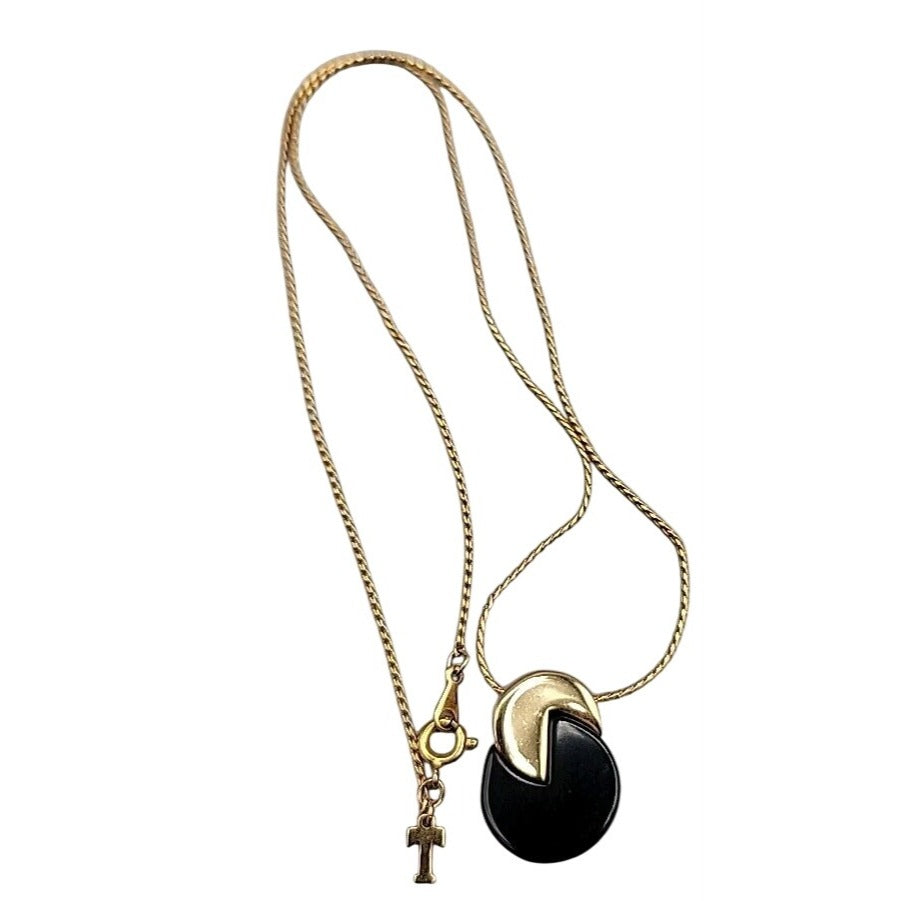 Vintage Crown Trifari Pacman Pendant Necklace Gold-tone & Black Acrylic 18" Rare
