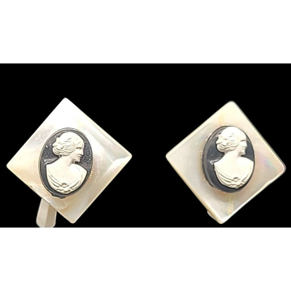 MOP Lucite Cameo Tension Paddle Clip On Earrings Mother Of Pearl Vtg Black White