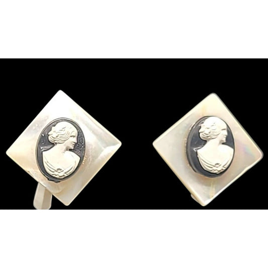 MOP Lucite Cameo Tension Paddle Clip On Earrings Mother Of Pearl Vtg Black White