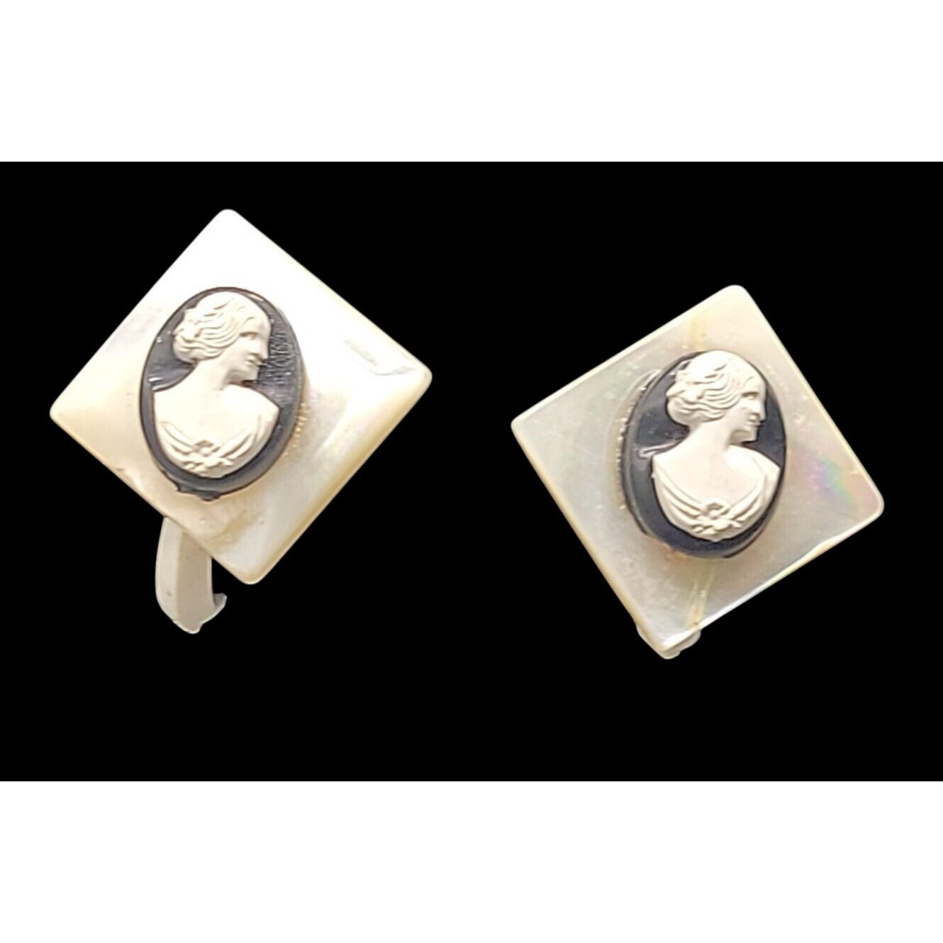 MOP Lucite Cameo Tension Paddle Clip On Earrings Mother Of Pearl Vtg Black White