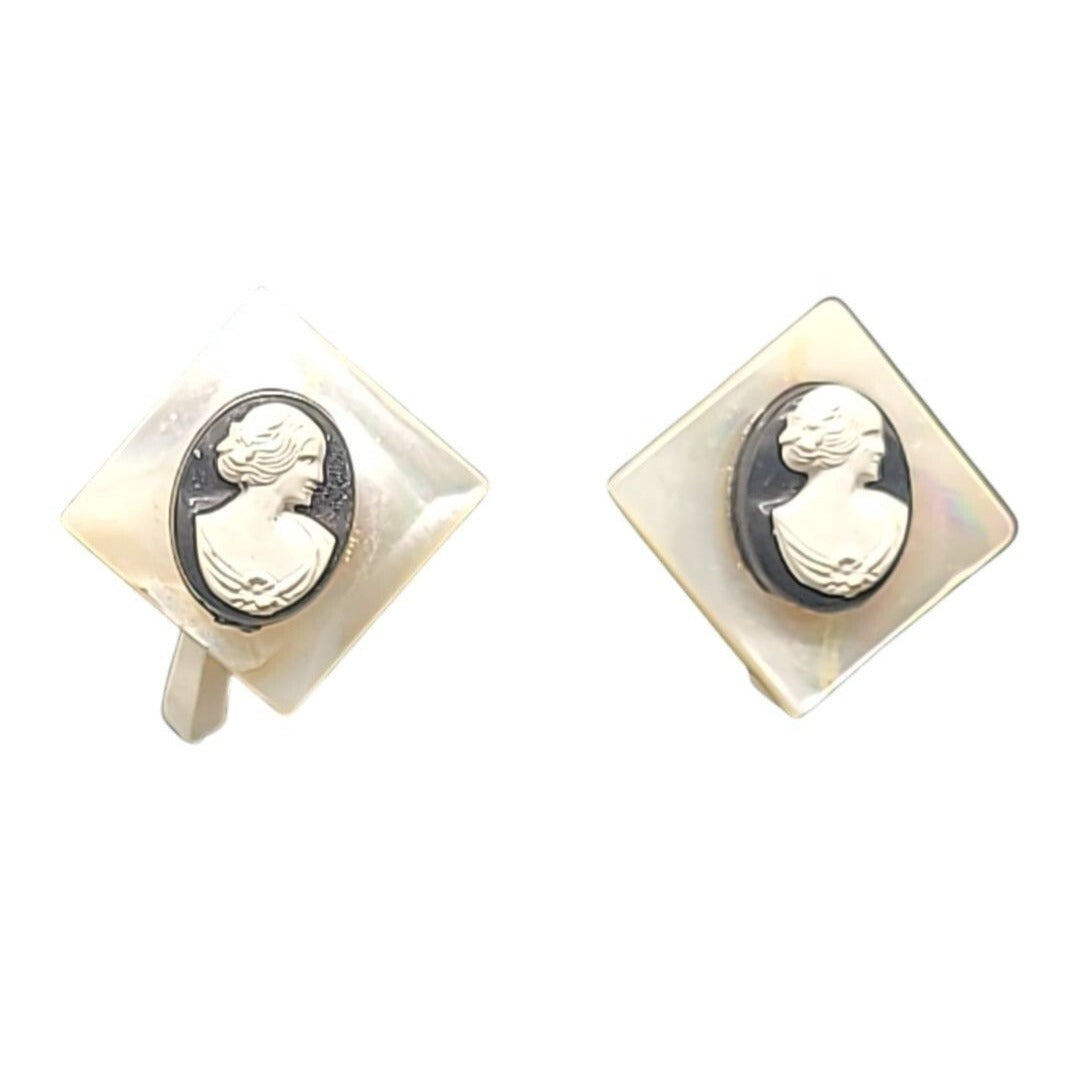 MOP Lucite Cameo Tension Paddle Clip On Earrings Mother Of Pearl Vtg Black White