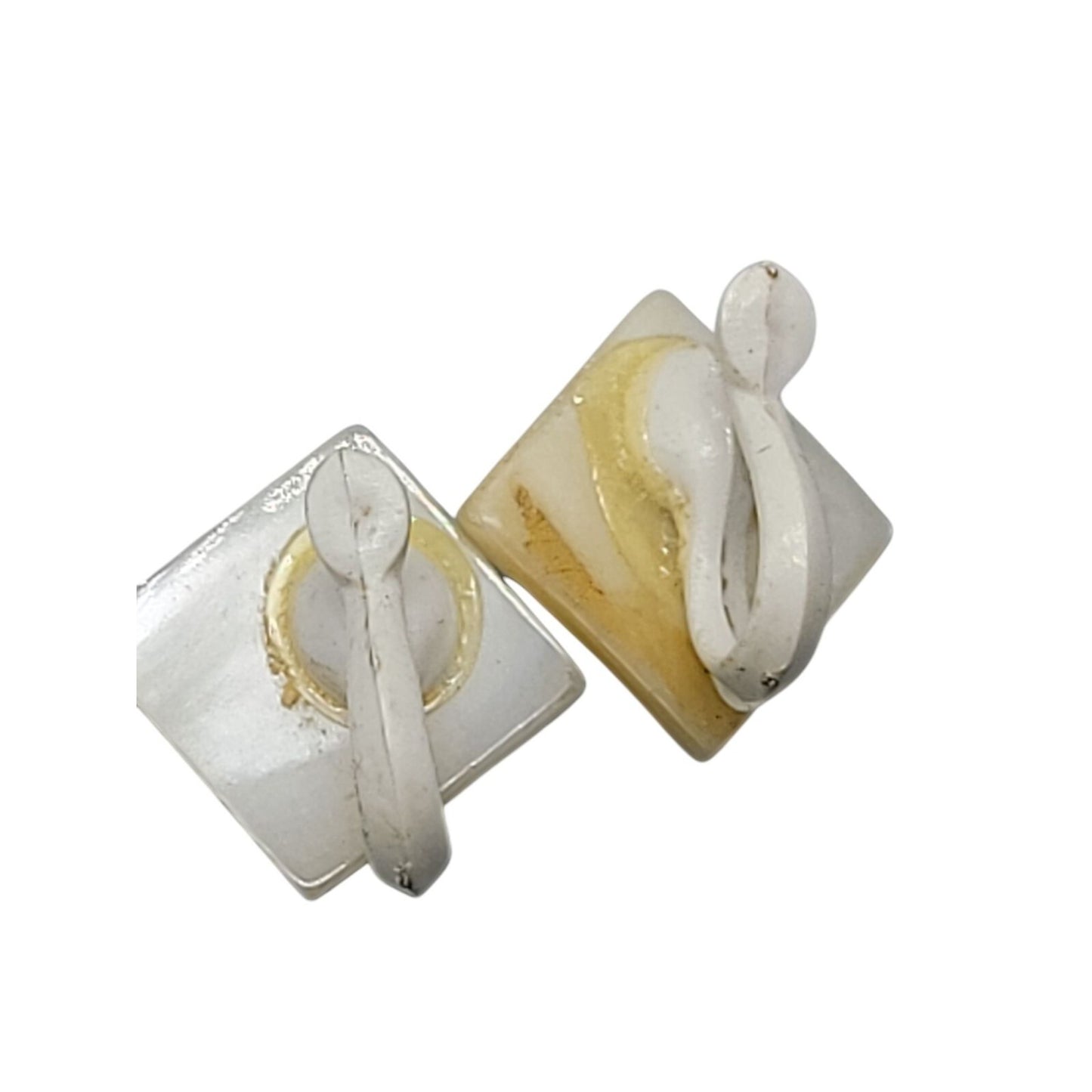 MOP Lucite Cameo Tension Paddle Clip On Earrings Mother Of Pearl Vtg Black White
