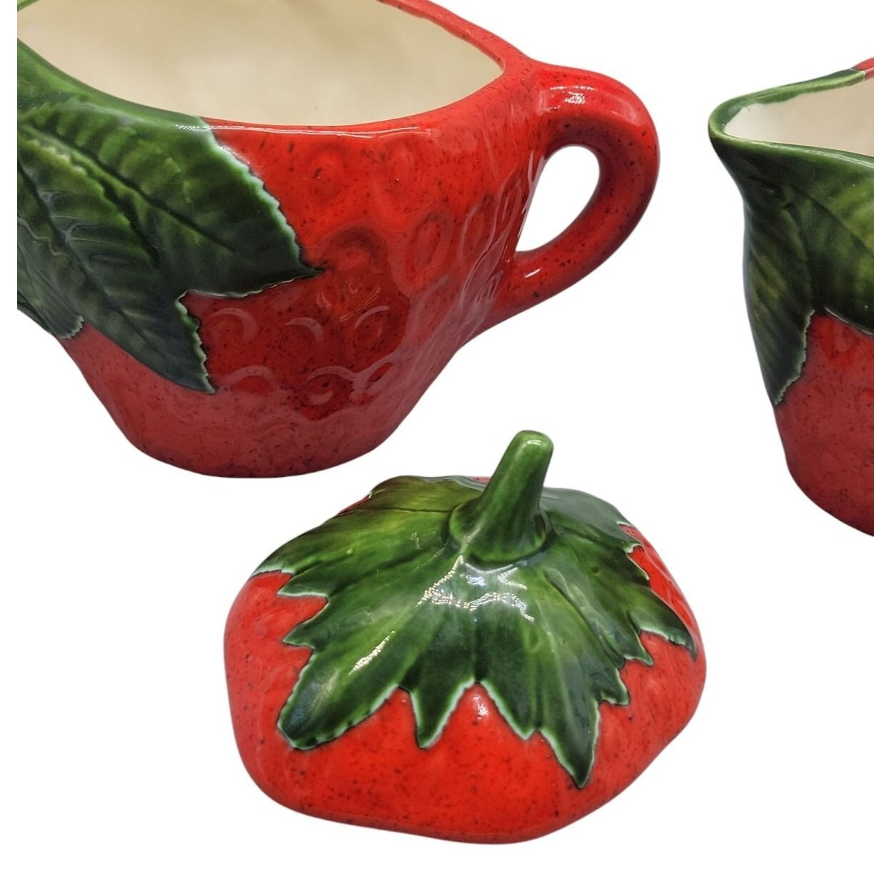 Strawberry Themed Ceramic Sugar & Creamer Pitcher Set With Lid 3" Handled