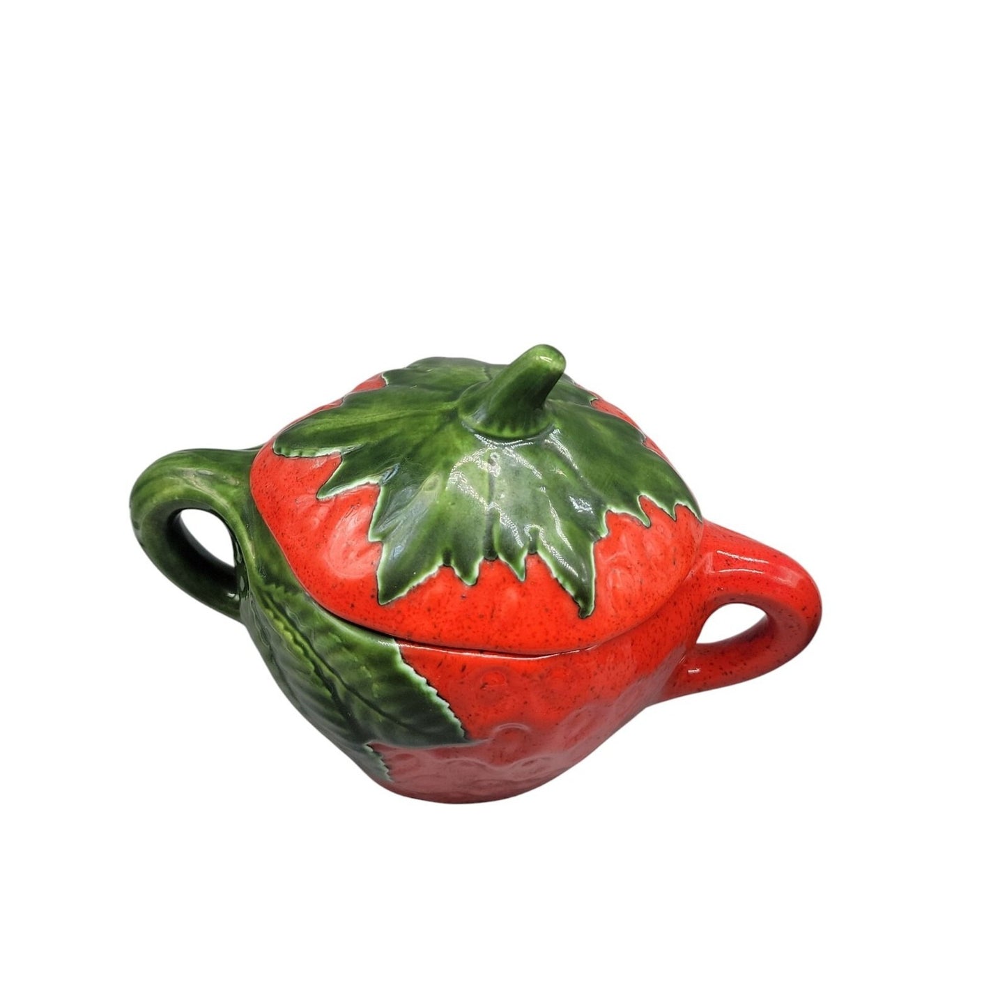Strawberry Themed Ceramic Sugar & Creamer Pitcher Set With Lid 3" Handled