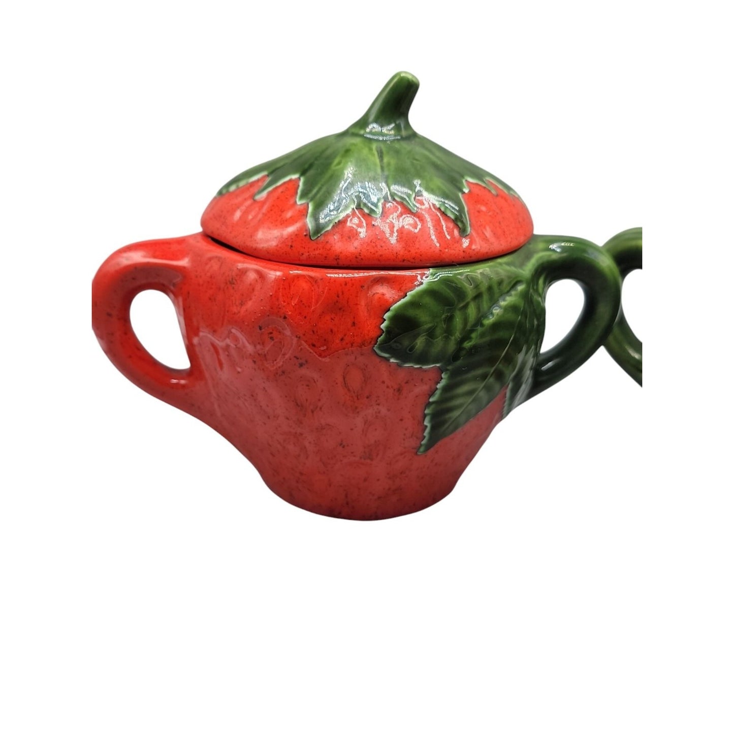 Strawberry Themed Ceramic Sugar & Creamer Pitcher Set With Lid 3" Handled