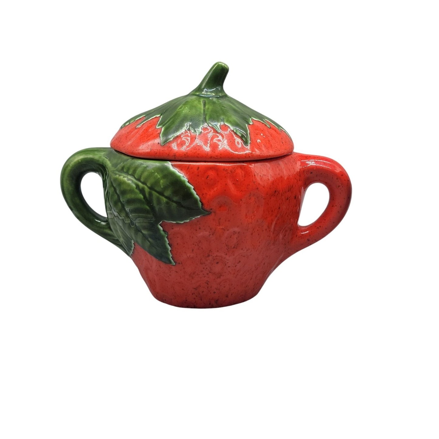 Strawberry Themed Ceramic Sugar & Creamer Pitcher Set With Lid 3" Handled