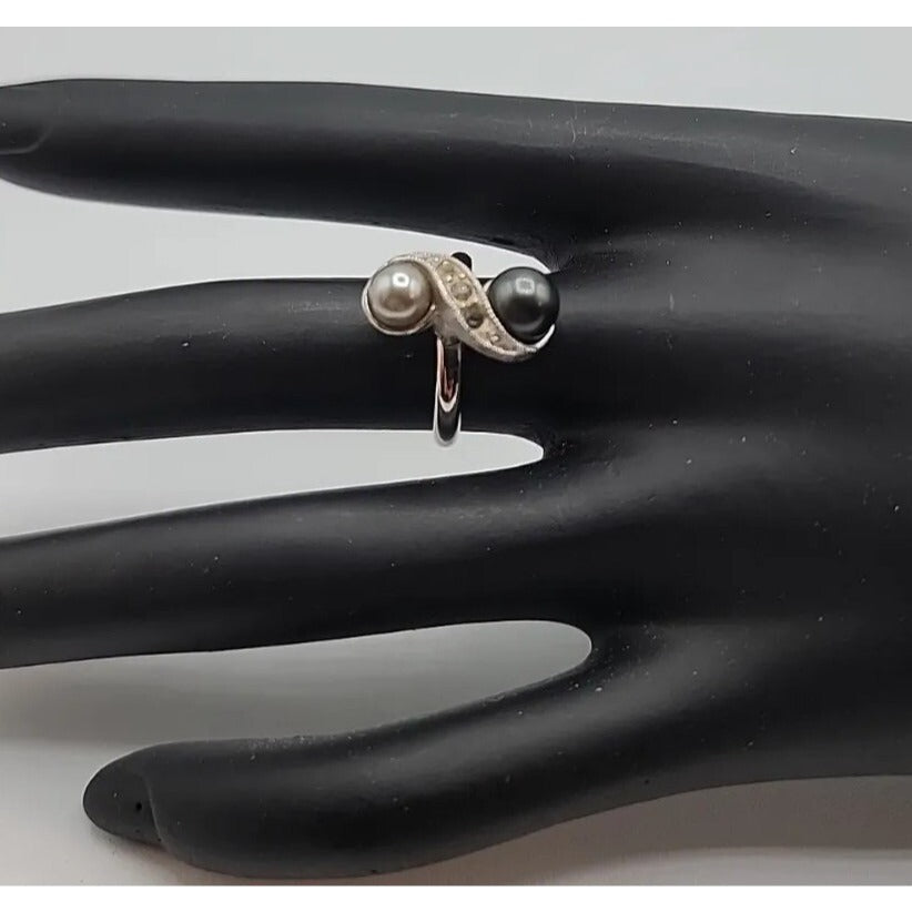 Vintage Sarah Coventry Ring Faux Pearl Rhinestone Adjustable Ring Size 5+ Signed