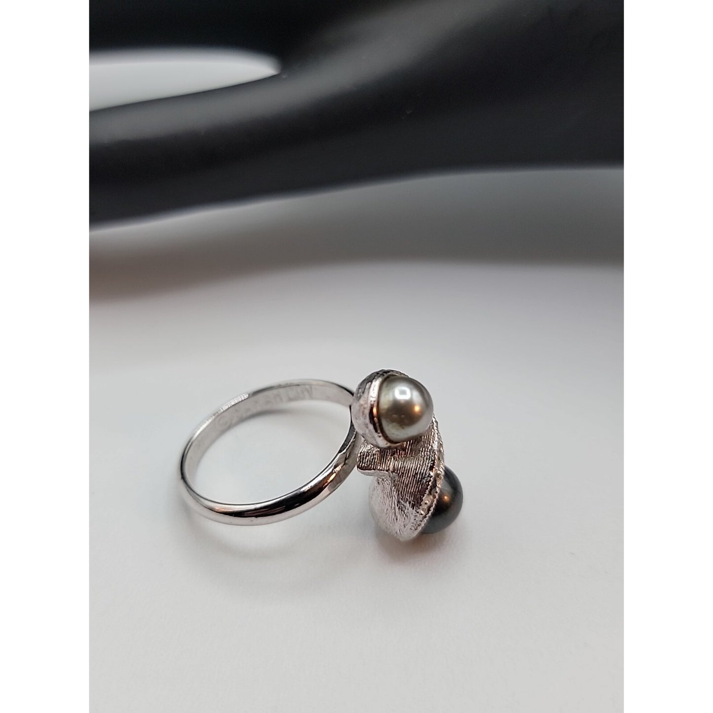 Vintage Sarah Coventry Ring Faux Pearl Rhinestone Adjustable Ring Size 5+ Signed