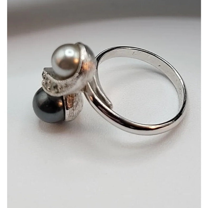 Vintage Sarah Coventry Ring Faux Pearl Rhinestone Adjustable Ring Size 5+ Signed