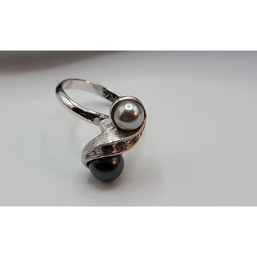 Vintage Sarah Coventry Ring Faux Pearl Rhinestone Adjustable Ring Size 5+ Signed
