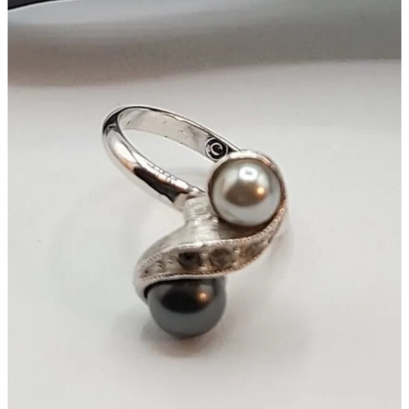 Vintage Sarah Coventry Ring Faux Pearl Rhinestone Adjustable Ring Size 5+ Signed