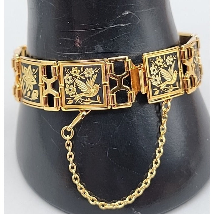 Midas Link Bracelet Toledo Spain Damascene Bird & Flower 7.5" Gold Tone Vintage