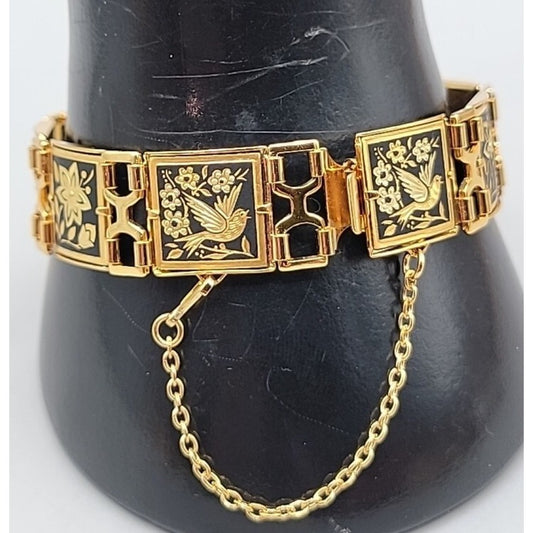 Midas Link Bracelet Toledo Spain Damascene Bird & Flower 7.5" Gold Tone Vintage