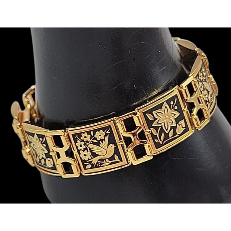 Midas Link Bracelet Toledo Spain Damascene Bird & Flower 7.5" Gold Tone Vintage