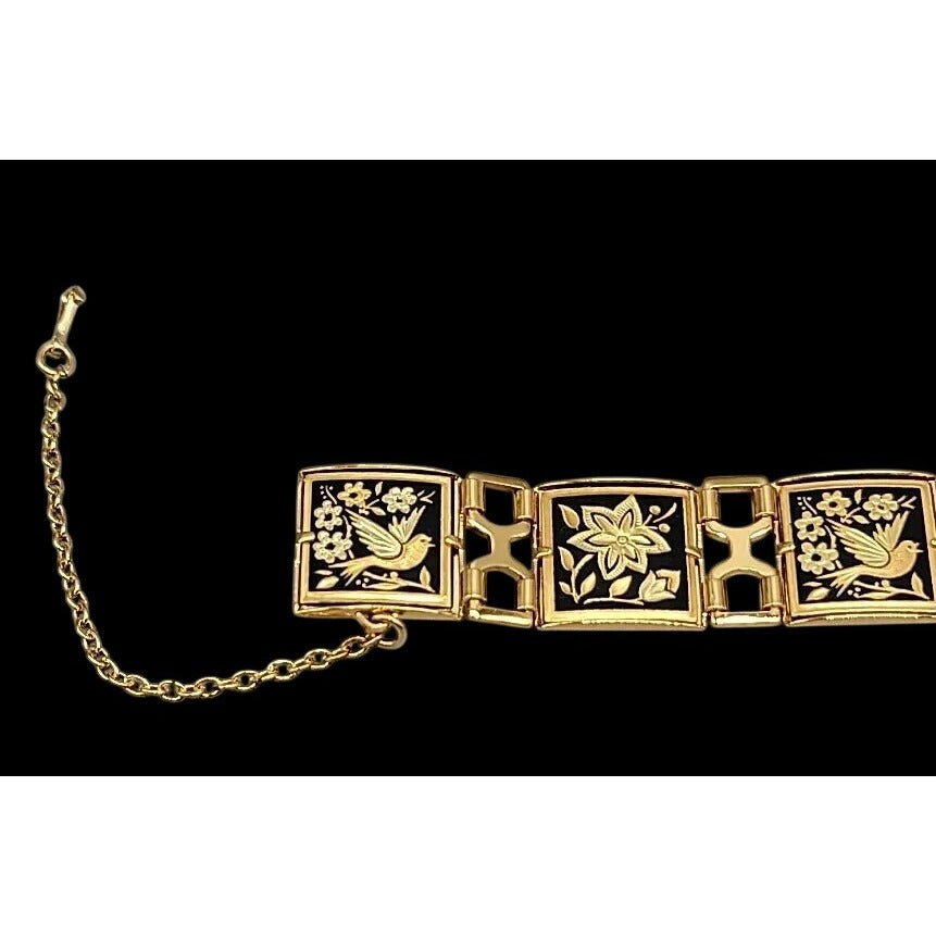 Midas Link Bracelet Toledo Spain Damascene Bird & Flower 7.5" Gold Tone Vintage
