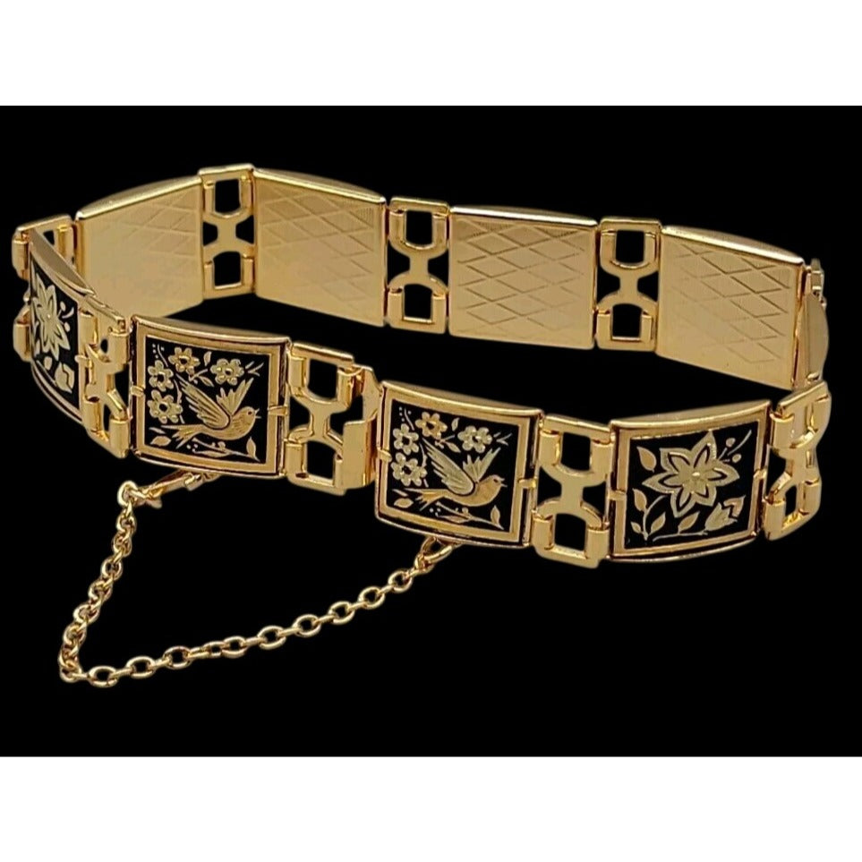 Midas Link Bracelet Toledo Spain Damascene Bird & Flower 7.5" Gold Tone Vintage