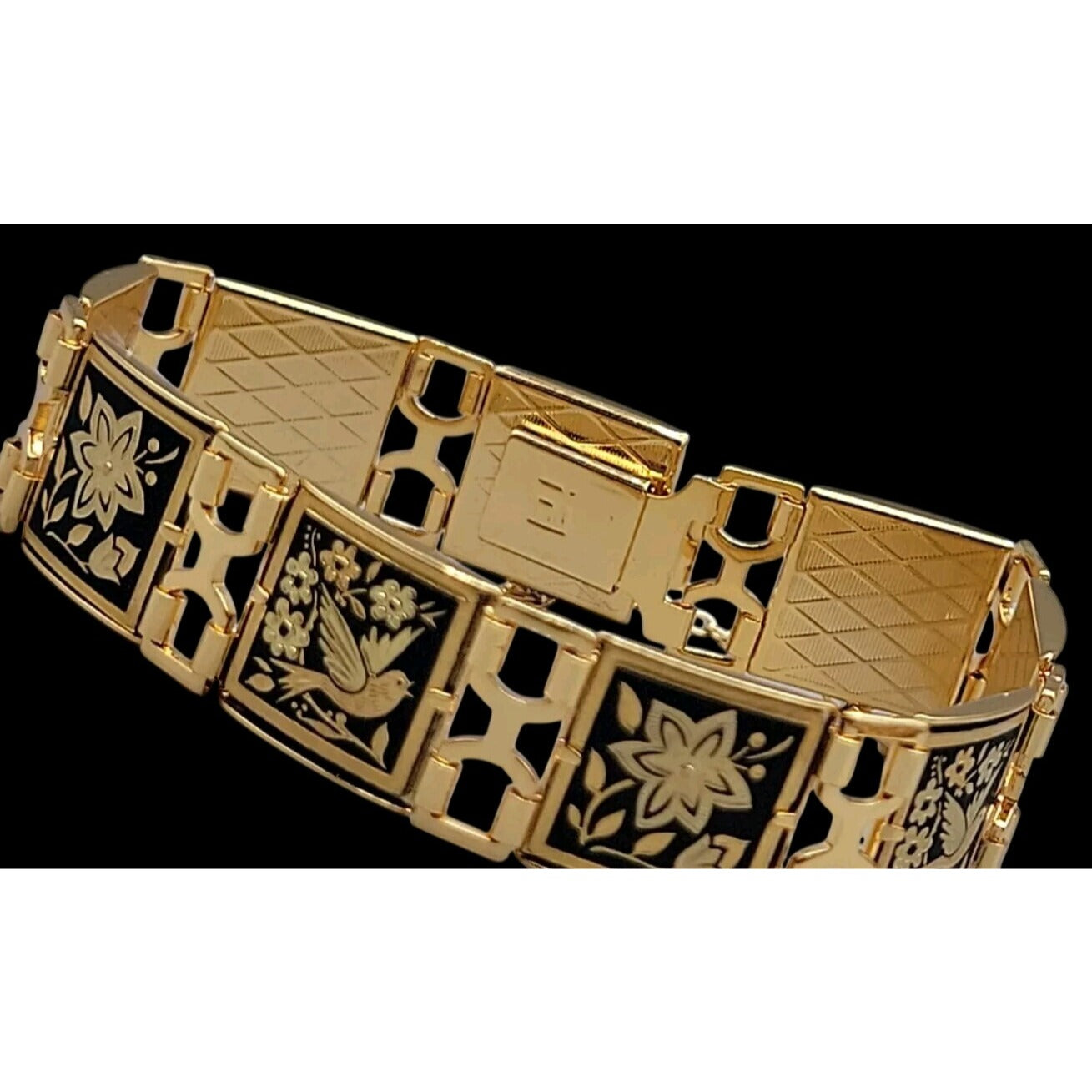 Midas Link Bracelet Toledo Spain Damascene Bird & Flower 7.5" Gold Tone Vintage