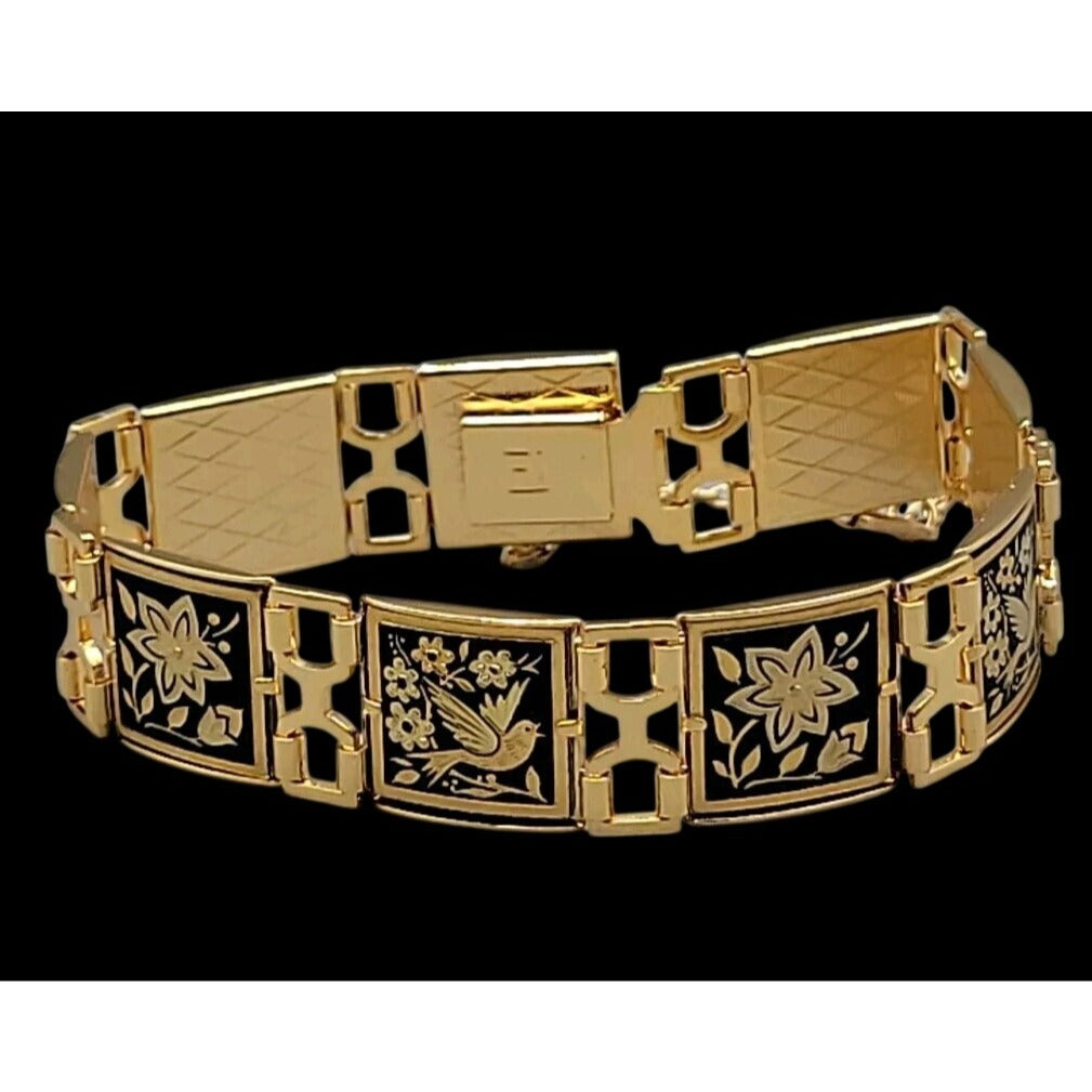 Midas Link Bracelet Toledo Spain Damascene Bird & Flower 7.5" Gold Tone Vintage