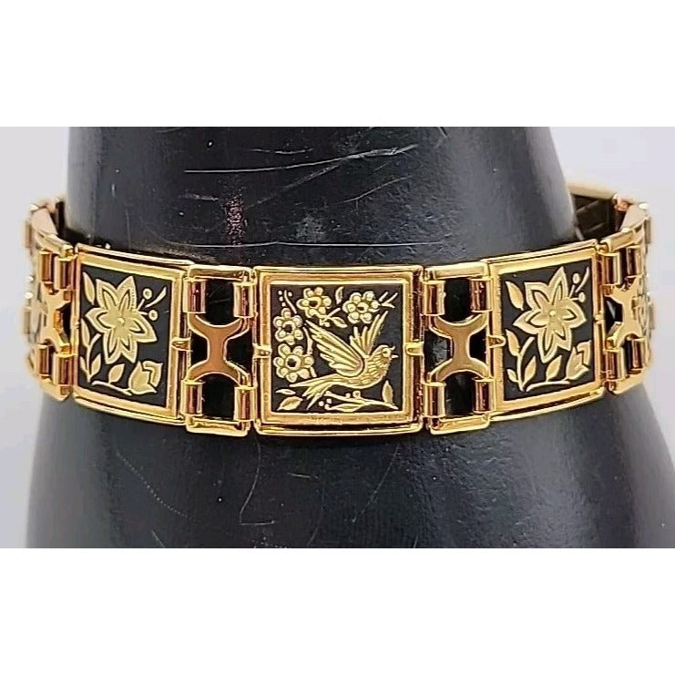 Midas Link Bracelet Toledo Spain Damascene Bird & Flower 7.5" Gold Tone Vintage