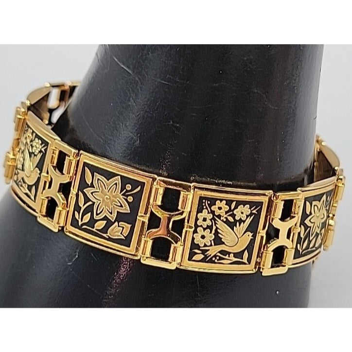 Midas Link Bracelet Toledo Spain Damascene Bird & Flower 7.5" Gold Tone Vintage