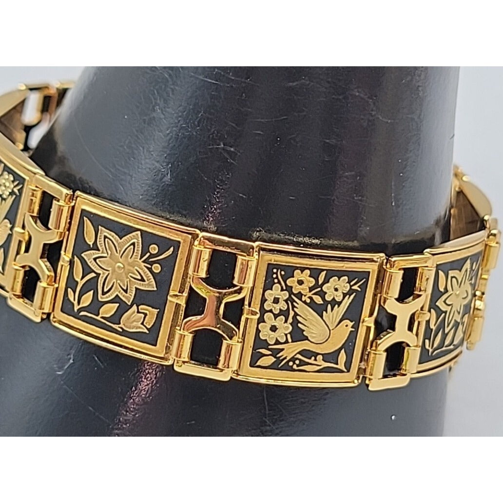 Midas Link Bracelet Toledo Spain Damascene Bird & Flower 7.5" Gold Tone Vintage