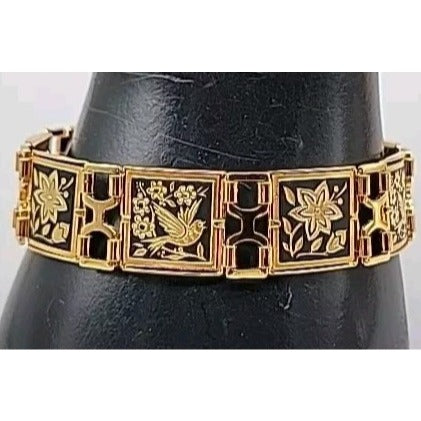 Midas Link Bracelet Toledo Spain Damascene Bird & Flower 7.5" Gold Tone Vintage