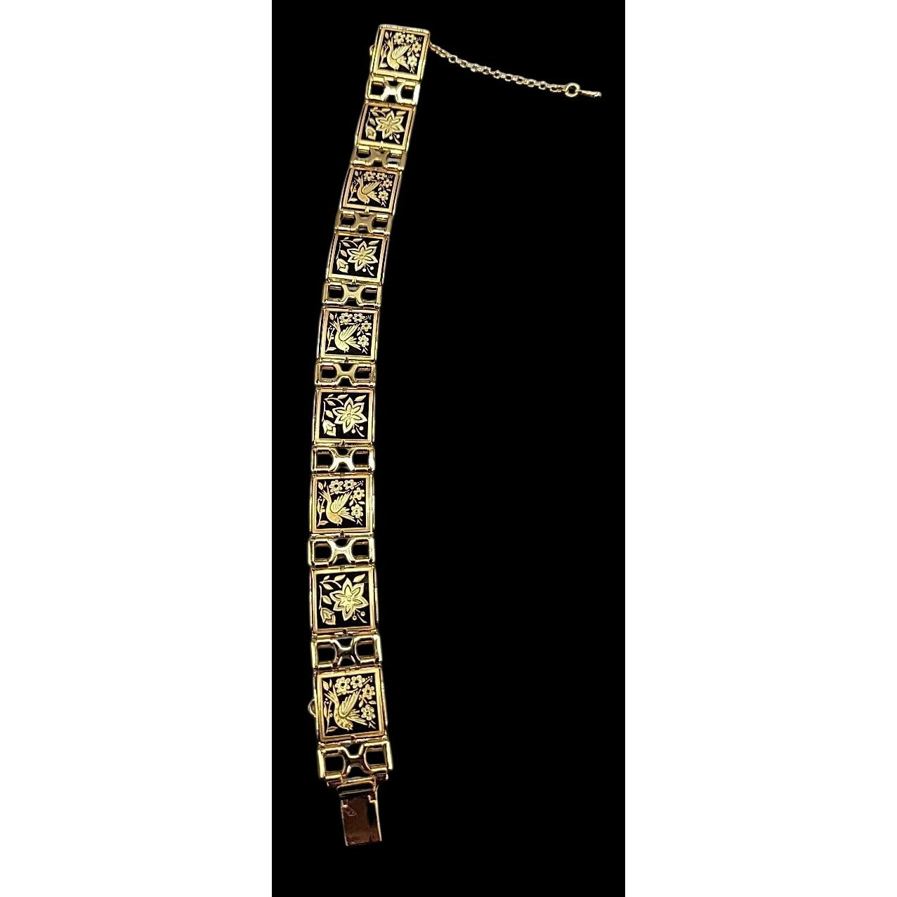 Midas Link Bracelet Toledo Spain Damascene Bird & Flower 7.5" Gold Tone Vintage